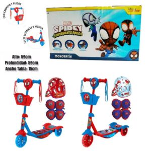 Monopatin 3 ruedas con kit Spidey. Soporta hasta 35 kg.