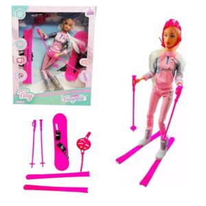 Muñeca Tiny Invierno 75066. Trae patineta snowboard esquíes y casco.