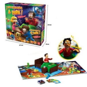 Juego de recorrido- No despiertes a papá ! . Contiene 1 papá en su cama , tablero, 16 cartas , 4 peones , 1 ruleta, 1 hoja de stickers e instrucciones.