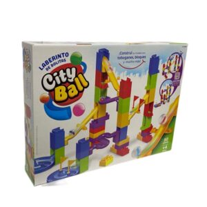 Juegos de obstaculos. Laberinto de bolitas City ball con toboganes y bloques 50 piezas caja 39x 29 cm