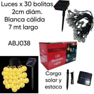 Luces x 30 bolitas blanco calido. 7mt Carga solar (ABJ38)