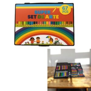 Set de arte 67 piezas. Contiene lapices, pasteles, crayones, fibras, acuarelas y accesorios