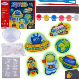 Fabrica de imanes espaciales. Contiene moldes, pintura, imanes, pincel e instrucciones
