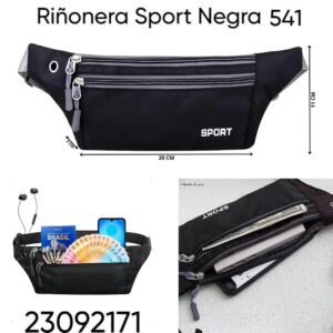 Riñonera Sport Negra 541. Tiene 3 compartimientos (23092171)