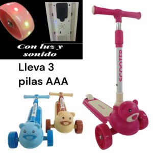Monopatin 3 ruedas con luz y sonido Oso. Soporta hasta 30kg