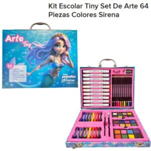 Valija Set arte 77327 Sirena. 64 piezas. Trae pasteles al oleo, crayones, acuarelas, lápices, fibras y accesorios