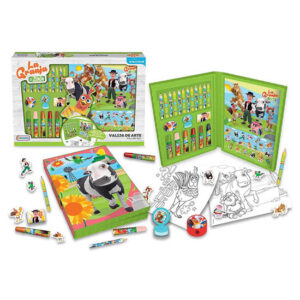 Valija de arte La Granja. Contiene stickers, hojas, lápices, goma, sacapuntas y sellito.
