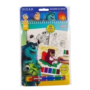 Acuarelas Wow Pixar. Contiene 20 hojas, 5 acuarelas y 1 pincel