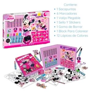 Valija de arte Minnie. Contiene: 1 sacapuntas, 6 marcadores, valija plegable, sello, stickers, goma de borrar, block para colorear y 12 lapices de colores