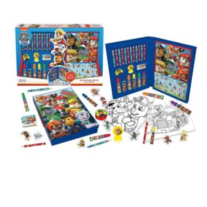 Valija de arte Paw Patrol. Contiene stickers, hojas, fibras, lápices, goma, sacapuntas y sellito.