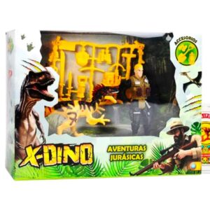 Dinosaurio con accesorios y cazador. Caja 23cm x 17cm