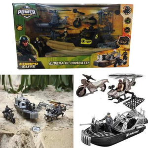 Set militar de combate. Lancha con helicoptero y moto. Accesorios y dos muñecos.
