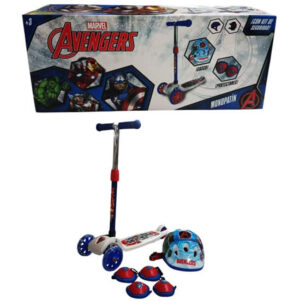 Monopatin 3 ruedas invertidas con kit de proteccion Avengers. Soporta hasta 35 kg
