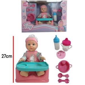 Bebe 27cm. Mili 76581. Con sillita y accesorios para comer.