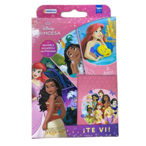 Juego de naipes – Te vi de princesas. Contiene 40 cartas de personajes, 12 cartas de tablero, 3 cartas de villanos, 1 instructivo y 1 libro de actividades de regalo.