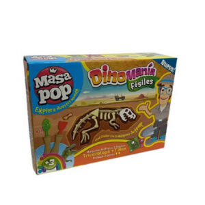 Kit de masa dinosaurios, contiene 2 potes 2 craneos 2 planos 2 herramientas y 1 maquina estrusora