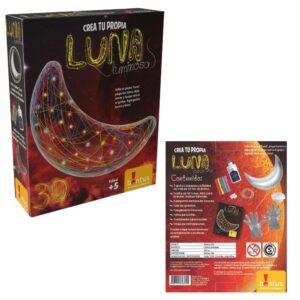 Crea tu Luna luminosa. Infla el globo , pega los hilos, deja secar y luego retira el globo. Agrega las luces y listo