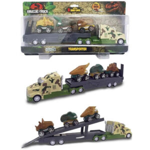 Camion transpotador jurassic , trae 3 autitos dino pull back.