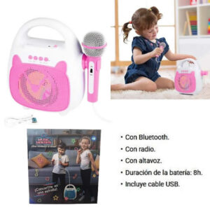 Parlante con microfono rosa para karaoke. Con Bluetooth, altavoz y radio. Recargable USB.