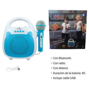 Parlante con microfono azul para karaoke. Con bluetooth , altavoz y radio. Recargable USB.