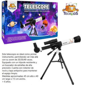 Juego de ciencia. Telescopio Blanco. Zoom 20/30/40 . 45cm altura x 40cm largo x 7,5cm ancho. Protector de rocío y tapa antipolvo para proteger el lente.